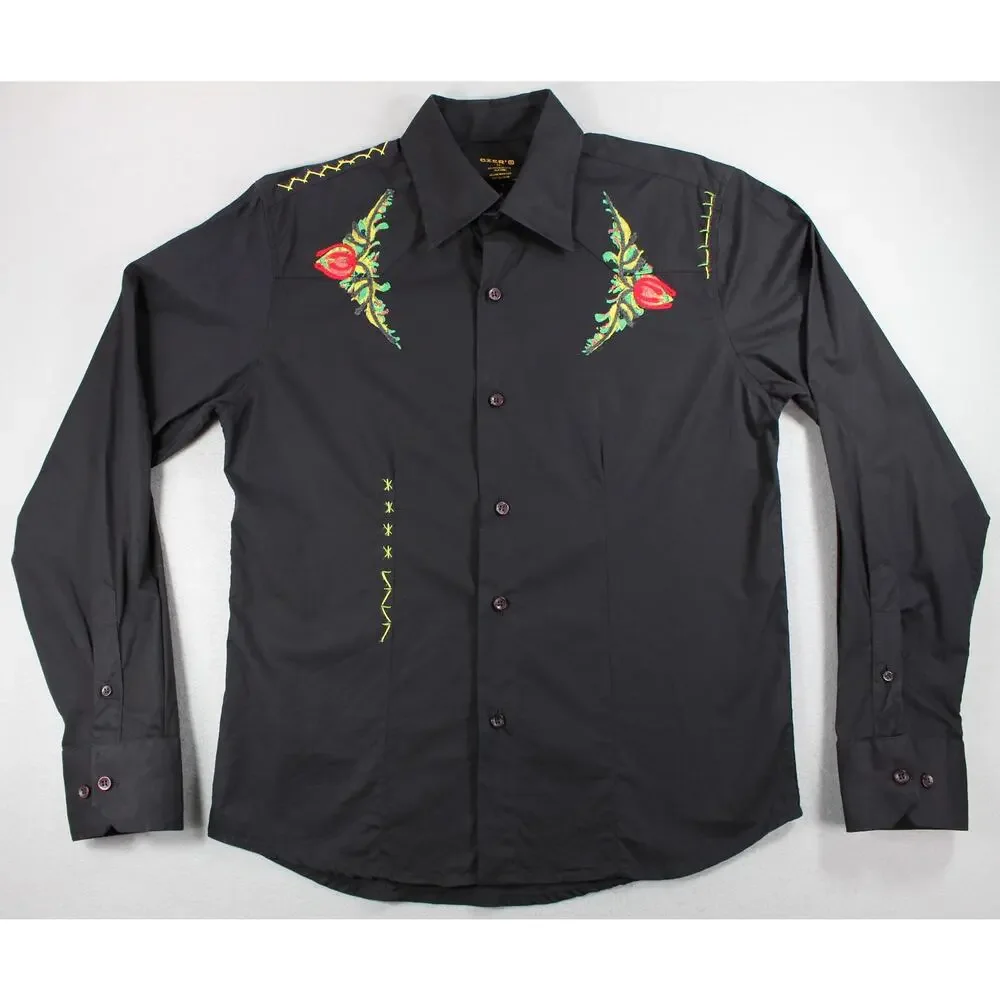 Czer' Black Embroidered Floral Button Up Shirt Men's Medium Long Sleeve